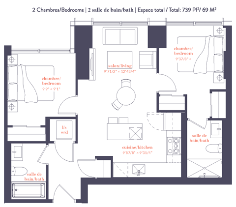 Floor plan for 2 beds, 2 baths, 973 sqft